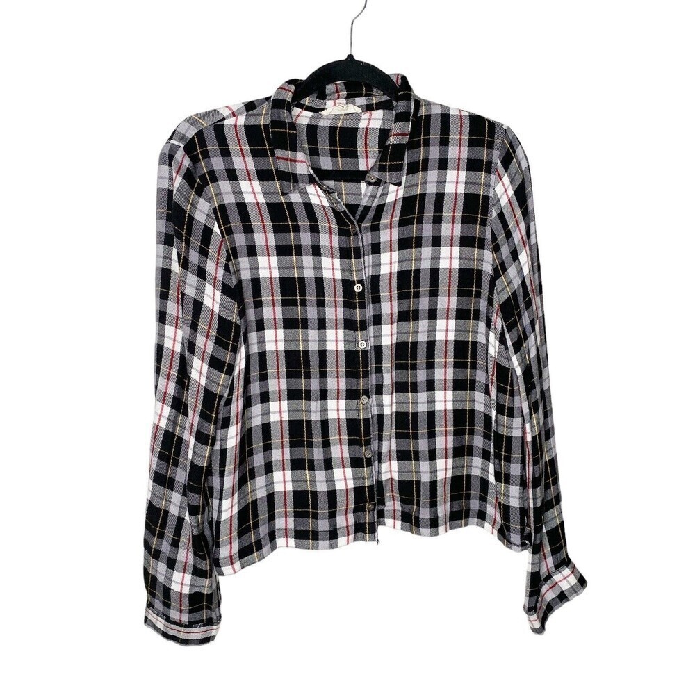 Jane and Delancey Shirt Size L Plaid Check Top Button Down Black Red Boxy